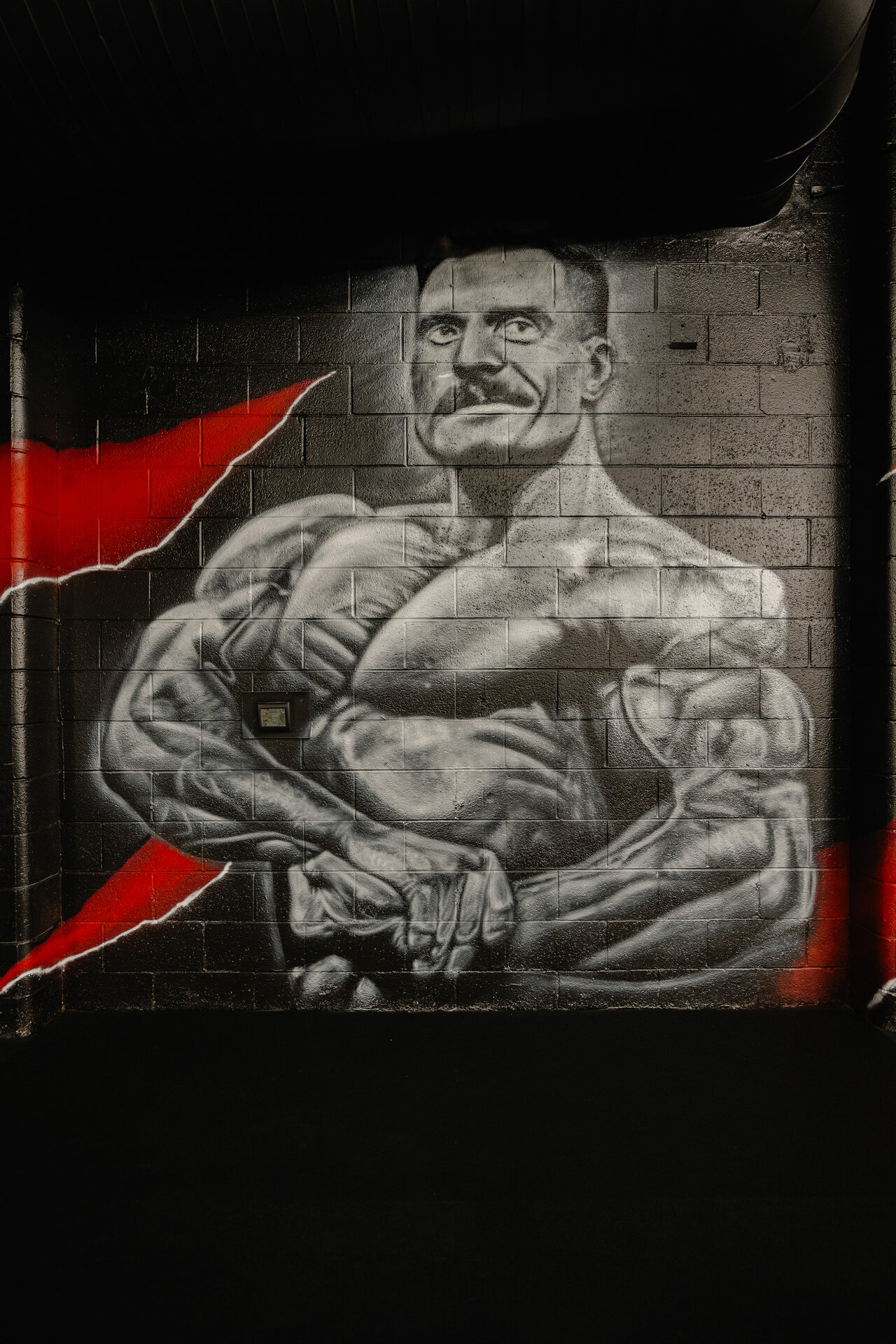 Hand-painted classic bodybuilder mural on our wall